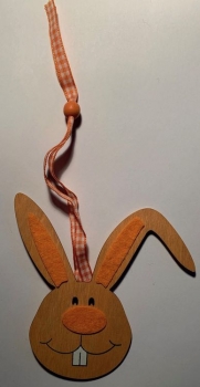 Holz-Hasenkopf mit Karoband zum Aufhängen, orange